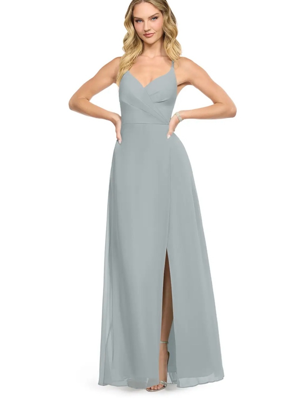Azazie Dolphin Gray Spaghetti Strap V-Neck Maxi Dress SZ. 12